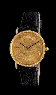 An 18 Karat Yellow Gold and US $20 Gold Coin Wristwatch, Corum, 28.00 dwts.