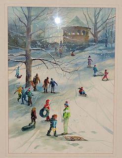 Carolyn Anderson Watercolor, Winter Genre Scene