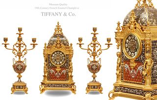 19th C. French TIFFANY & CO. Enamel Champleve Bronze Clock Set