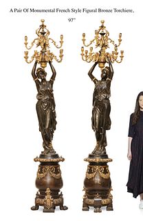 A Pair Of Monumental Bronze Figural Torchiere