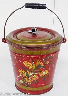 ANTIQUE RED TOLE WARE BUCKET WITH LID