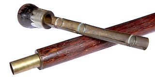 102. Brass Microscope Cane-Ca. 1870- An unusual example which has what appears to be an 8” scope with three lenses attached