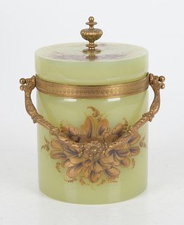 French Gilt Bronze Mounted Green Opaline Glass Biscuit Jar