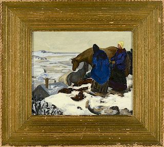 Untitled (Women with Horses in Snow) by Ross Moffett (1888-1971)