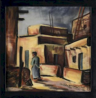 Untitled (Pueblo Scene with Figure) by Henry Salloch (1908-1985)