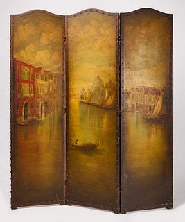 Tri-Folding Screen with Canal Painting