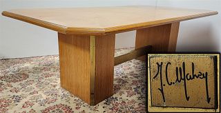 Mid Century Oak Ped Base Dining Table W/ Brass Trim Sgnd Jean Claude Mahey 29"H X 47"W X 86"L