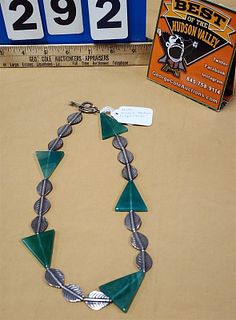 Sealark Studios Green Stone Bead And Metal Leaf Necklace By Cynde Clark 19"