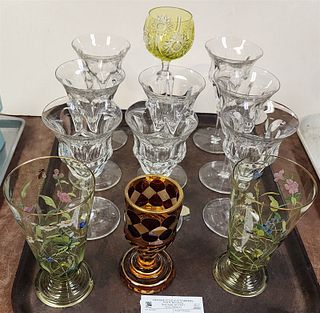 Tray Glasses- 8 Cut, 1- Cut Green To Clear, Pr Enameled, 1- Red To Cut Amber