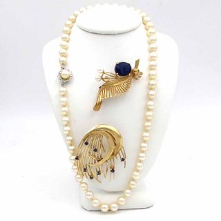 Vintage 14K Gold Sapphire Lapis Pin Necklace Lot