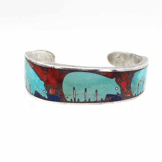 Signed Native American Sterling Inlaid Cuff Bracelet