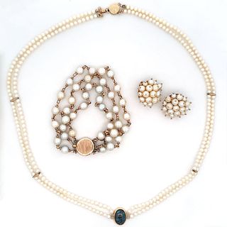 14K Gold Opal, Pearl Necklace Bracelet Earring