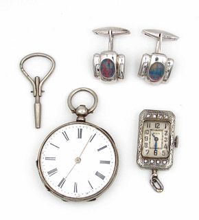 Antique Elgin 18K Diamond & Silver Key Wind Watch Cufflinks