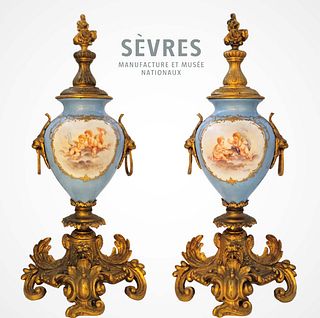 Pair Of 19th C. Sevres Hand Painted Signed Urns