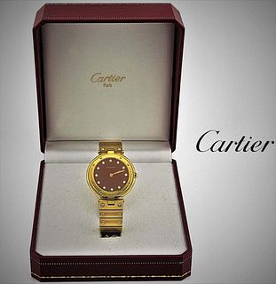 Rare Cartier Santos 18k Yellow Gold Factory Burgundy Diamond Dial Vintage Ladies Watch