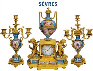 19th C. French Sevres & Figural Bronze Clockset