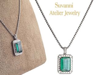 Natural Emerald Pendant 18K White Gold Chain And Setting