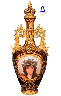 19th C. Austrian Royal Vienna Two-Handle Vase With Removable Lid Top