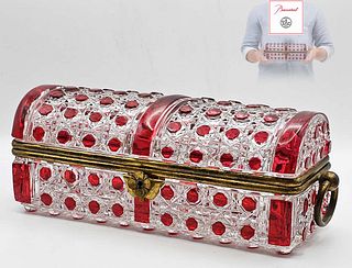 19th C. Baccarat Crystal Cranberry Cut To Clear Glass Casket Box