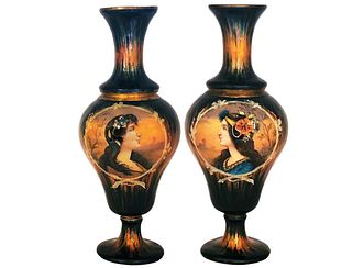 Singed Pair Of 19th C. French Enamel On Bronze Vases