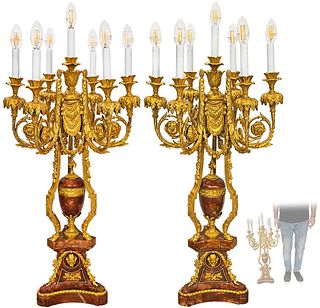 Pair Of Large 19th C. French Bronze Mounted Rouge Marble Candelabra/ Lamps