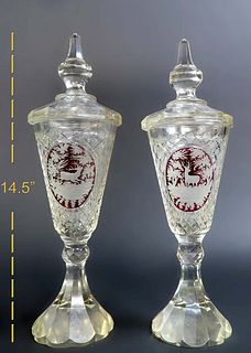 Pair Of 19th Century Cut To Clear Deer And Nature Moser Bohemian Czech Crystal With Top Vase
