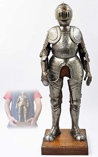 19th C. Metal Etched Medieval Black Knight Suit Of Armor Figurine