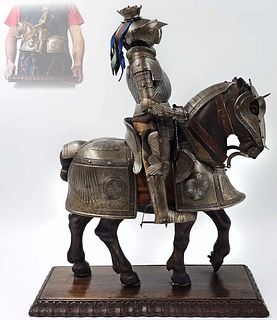 19th C. Armored Horse Figurine Barding Statue On Wood