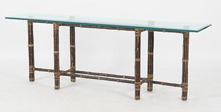 McGuire Bamboo, Rawhide and Glass Console Table