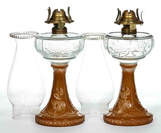 SULTAN (OMN) / WILD ROSE AND BOWKNOT PAIR OF KEROSENE STAND LAMPS