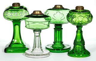 ASSORTED GREEN KEROSENE STAND LAMPS, LOT OF FOUR