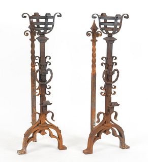 Large Pair of Baroque Style Wrought Iron Andirons
