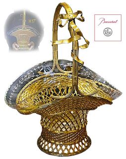19th C. Bronze Papillon Handle Baccarat Crystal Centerpiece Basket