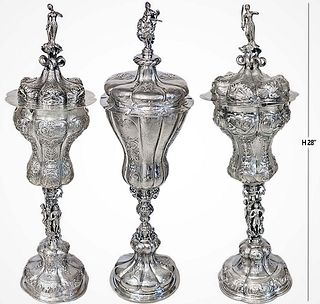 Set Of Three Large German Silver (8,084g) Lidded Pokal Cups Figural Repousse