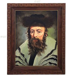 Signed Oil On Canvas Judica Painting Of Rabbi Wearing Shtreimel Fur Hat