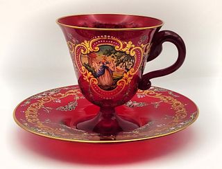 Bohemian Ruby Red Hand Painted Cup & Saucer