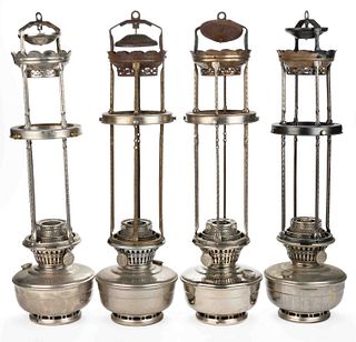 ALADDIN MODEL 12 NICKEL KEROSENE FOUR-POST HANGING LAMPS, LOT OF FOUR