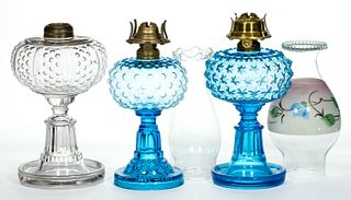 ASSORTED HOBNAIL-TYPE GLASS KEROSENE STAND LAMPS, LOT OF THREE