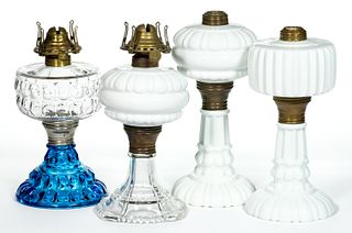 ASSORTED PRESSED GLASS KEROSENE STAND LAMPS, LOT OF FOUR