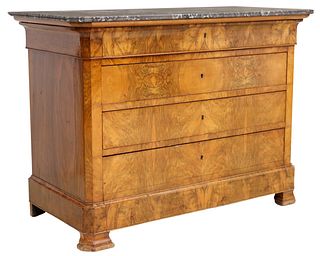 FRENCH LOUIS PHILIPPE MARBLE-TOP BURLWOOD COMMODE