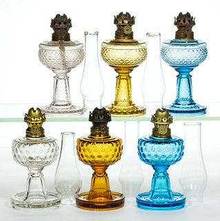 ASSORTED PRESSED GLASS KEROSENE MINIATURE LAMPS, LOT OF SIX