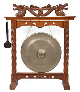 Southeast Asian Bronze Gong with Carved Wood Stand