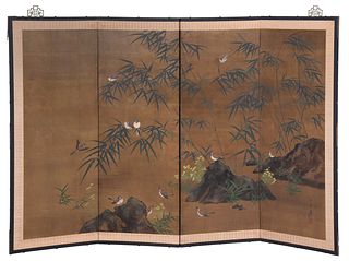 Japanese Four Panel Painted Folding Floor Screen