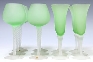(12) ITALIAN AGS MURANO GREEN SATIN GLASS STEMWARE