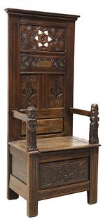 WELL-CARVED FRENCH BRETON OAK HALL CHAIR