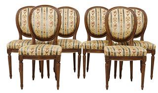 (6) LOUIS XVI STYLE UPHOLSTERED WALNUT DINING CHAIRS