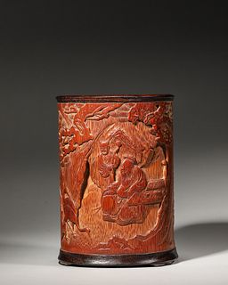 A figure, pine and crane carved bamboo brush pot,Qing Dynasty,China