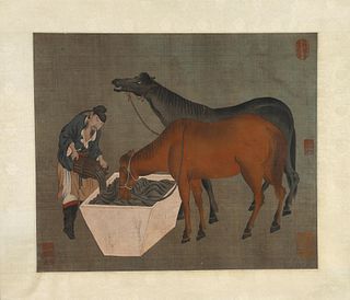 A Chinese silk scroll painting of horse feeding, Unknown mark