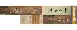 The Chinese silk scroll painting of hunting, Lang Shining mark,Qing Dynasty,China