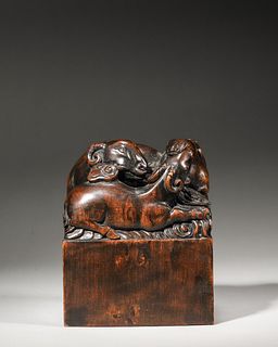 A carved sandalwood goat seal,Qing Dynasty,China